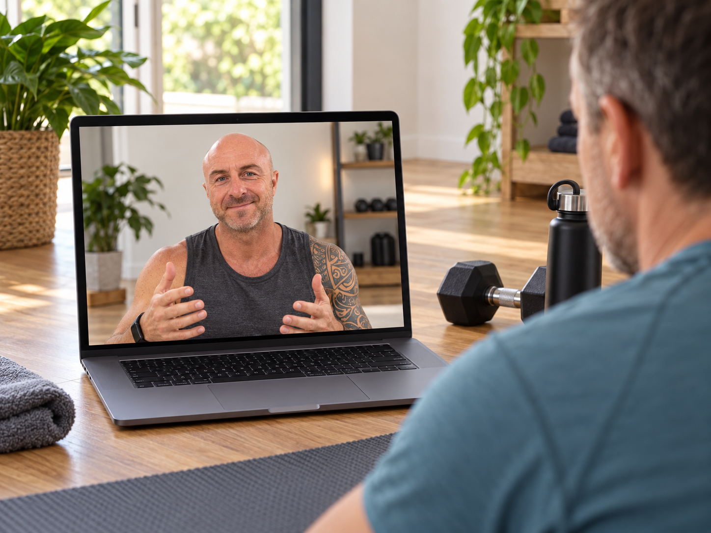 Marcel Markwirth beim Online-Fitness-Coaching auf einem Laptopbildschirm